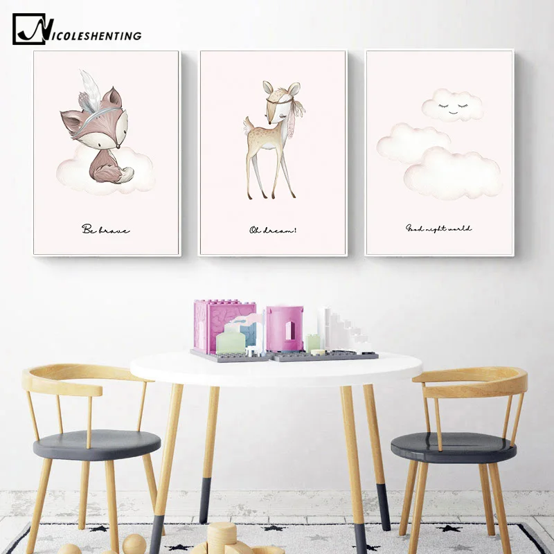 

Child Poster Picture Forest Animal Deer Fox Nursery Print Minimalist Wall Art Canvas Painting Nordic Kid Baby Room Decoration