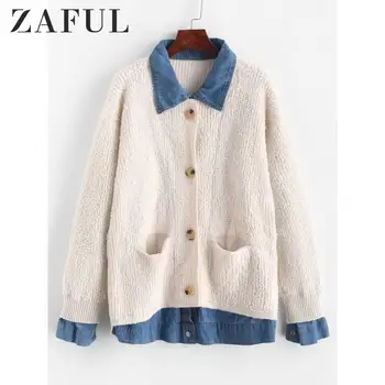 

ZAFUL Pocket Color Block Mixed Media Cardigan For Women Button Up Turn-Down Collar Drop Shoulder Pockets Tops Fake Two Pieces