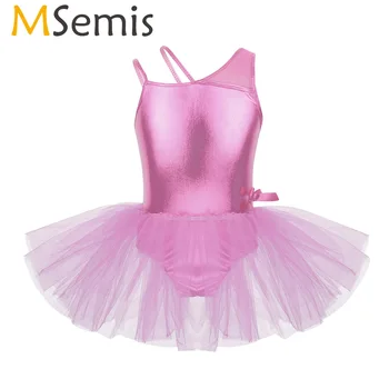 

MSemis Kids Girls Tutu Ballet Dress Shinny Metallic One Shoulder Ballerina Dancewear Rhythmic Gymnastics Leotard Dance Costumes