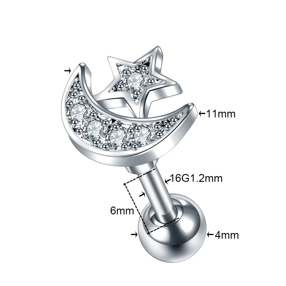 1 шт. 16 г CZ драгоценный камень хряща гвоздики Луна Звезда сердце крест цветок корона спираль трагус пирсинг раковины Грач серьги для пирсинга - Окраска металла: Style5