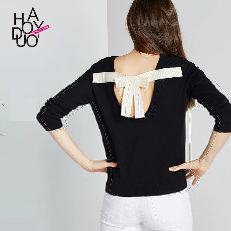 

Haoduoyi2019 Spring Clothing New Style Europe And America Fashion Sweet Bow Backless Pullover Contrast Color Knitted Sweater