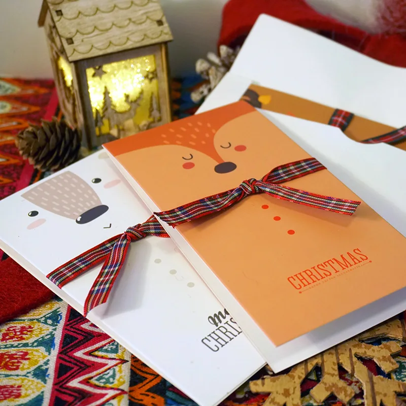

MissYe Store Merry christmas cards Scarf Animal Bow Ribbon with Envelope Customizable Creative Greeting Cards