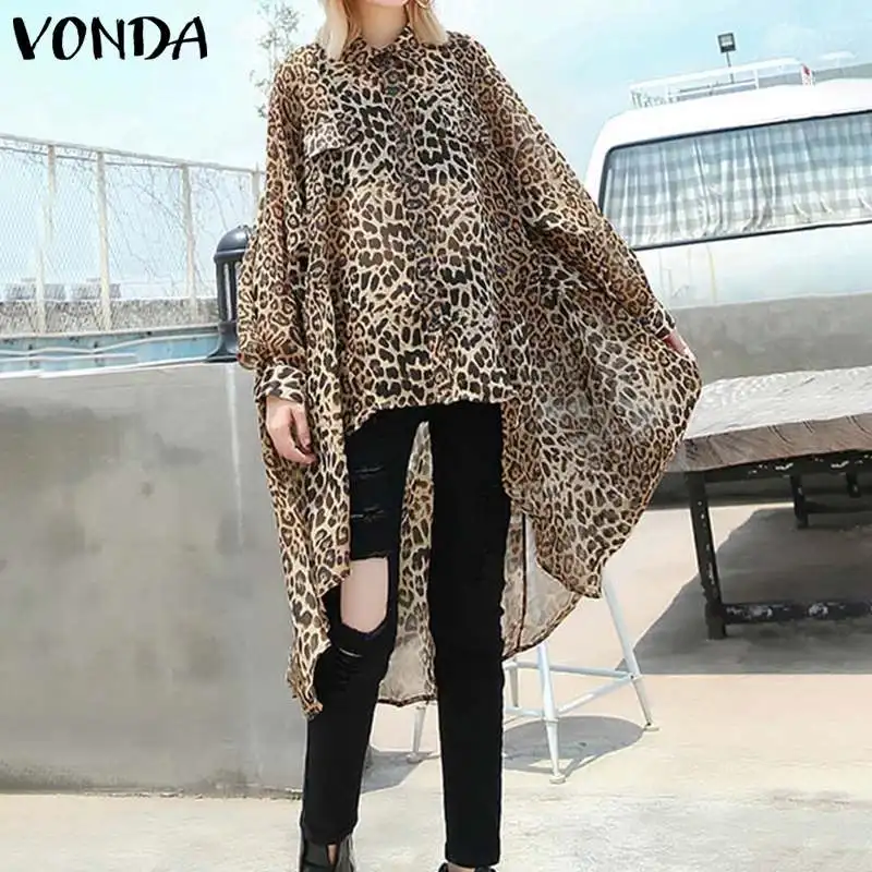 

Fashion Blouse VONDA Women Vintage Leopard Printed Blouses Beach Holiday Tops 2020 Summer Loose Asymmetric Party Blusa Plus Size