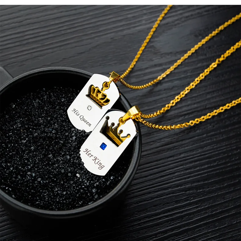 Trend INS Titanium Steel Accessories Cross Border Hot Sales Her KING His Queen Crown Couples Square Tag Necklace