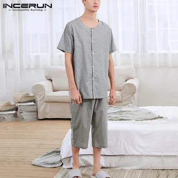

INCERUN Men Pajamas Sets Striped Cotton Leisure Short Sleeve Homewear Sleepwear Tops & Pants Button Comfortable Nightwear Suit
