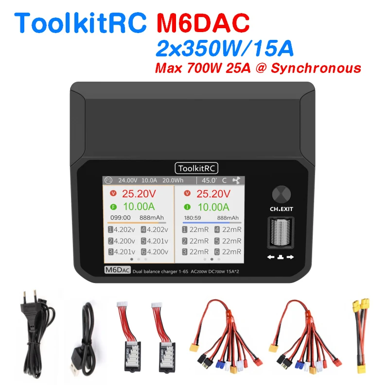 ToolkitRC 듀얼 채널 스마트 리포 배터리 충전기, M6dac 방전기, AC 200W, DC 350 WX2 15A, 1-6S LiHV 리포 배터리 PD 65W