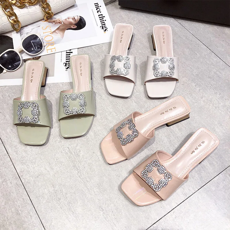 

Net Red Slippers Women's Outer Wear 2020 Summer Fashion Semi-High Heeled Square Head Crystal Ladies Slippers