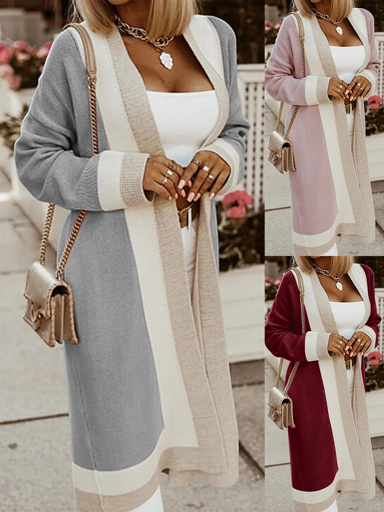 Patchwork Single-Breasted Thin Loose Coats Outwear Cardigan Long Women Cardigans Sleeve Mid Length Knittwear Casual |