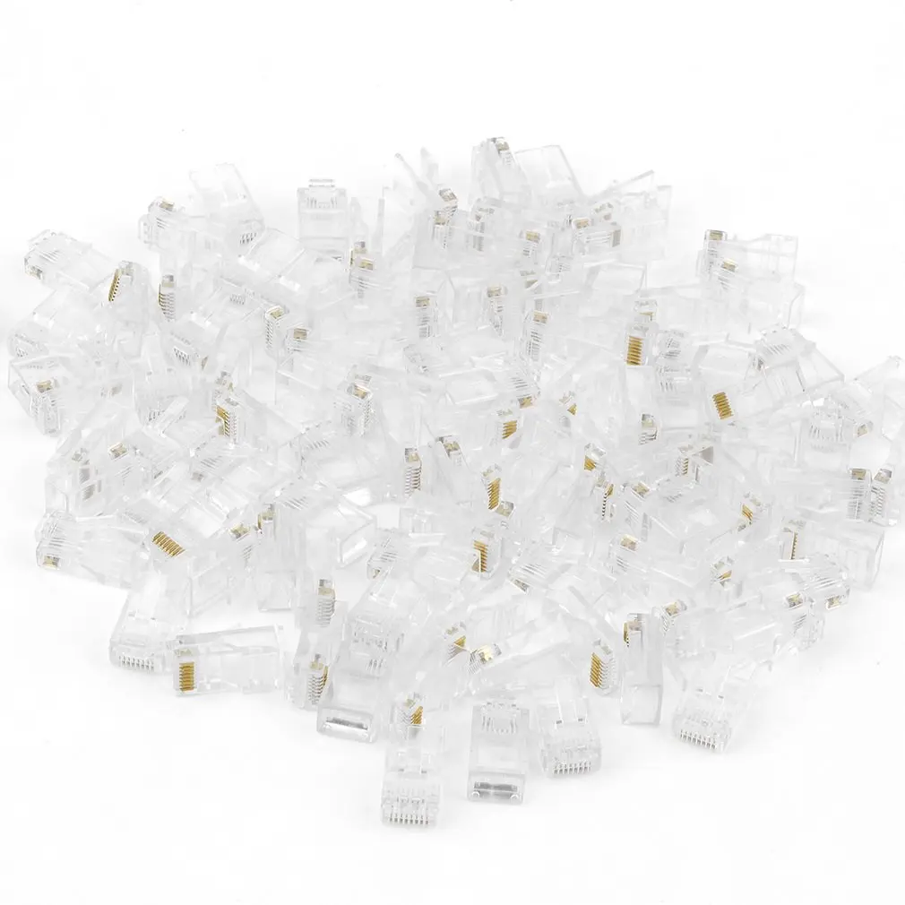 

100PCS Universal Crystal Head RJ45 CAT5 CAT5E Modular Plug Gold Plated Network Connector Head Transparent