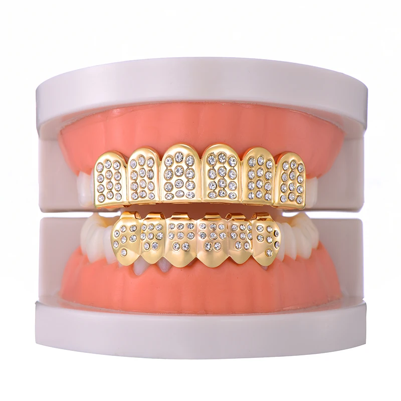 US7 1 компл. Зубные хип-хоп Золото Серебро Iced Out CZ зубы Grillz Верхняя Нижняя Bling вампира зубы шапки для мужчин женщин рот Украшения для тела