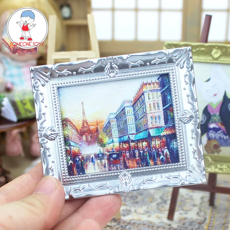 Casa de muñecas pintura de imagen de Oro Oval Pequeño Vacío Marco Miniatura Accesorios 