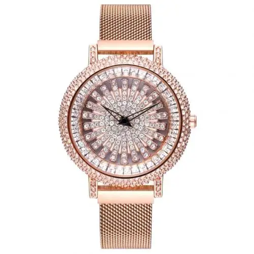 Rose Gold Роскошные полностью Стразы, круглый циферблат, магнитный сплав, ремешок, Женские кварцевые наручные часы, новые женские нарядные часы, подарок, роскошные - Цвет: Rose Gold