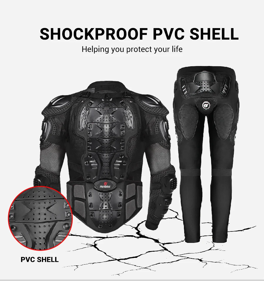 Shockproof pvc shell motorcycle body armor with vented mesh areas.