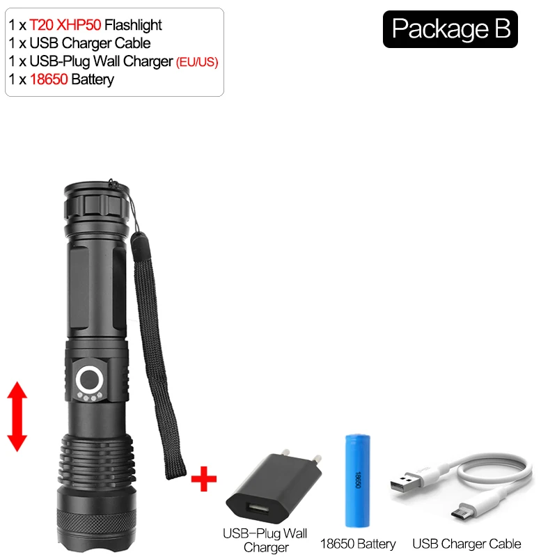 Package B Самый мощный светодиодный светильник-вспышка, перезаряжаемый через USB фонарь XHP50 XHP70, ручная лампа 26650, 18650 аккумулятор, светильник-вспышка - Испускаемый цвет: Package B