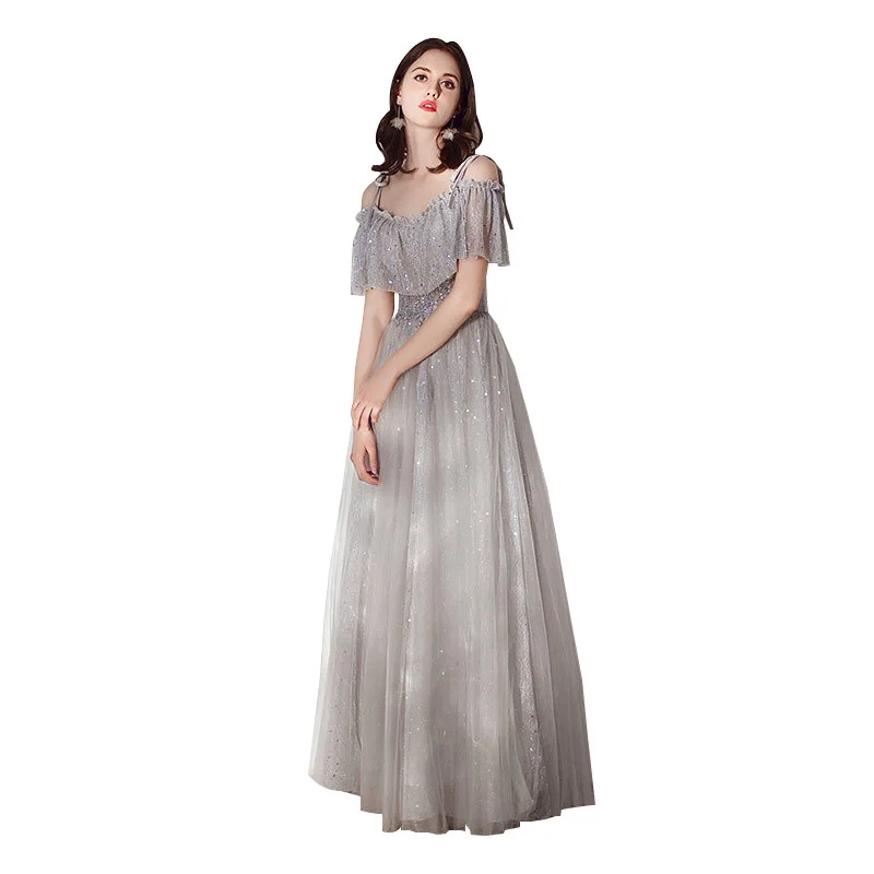 

Gray Evening Dresses Shining A Line Floor Length Women Party Gown Off The Shoulder Sexy Sling Vestido Formal Robe De Soiree K289