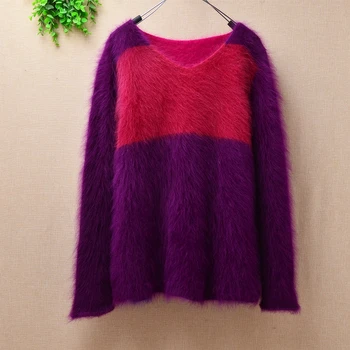 

popular women loose patchwork base v-neck angora rabbit fur knitted pullover sweater winter