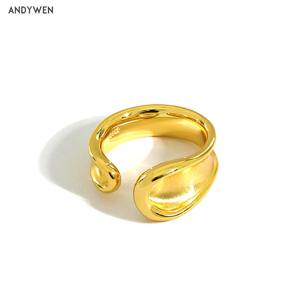 Andywen 925 Sterling Silver Gold Open Bangle Adjust Resizable Rings