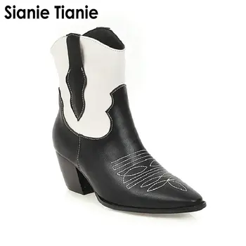 

Sianie Tianie 2020 new patchwork vintage old fashion fleece woman winter warm shoes high heels slip on ankle boots size 34-48