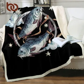 

BeddingOutlet Pisces Linen Blanket Watercolor Fish Throw Blanket Zodiac Symbol Bedding Constellation Stars Custom Blanket