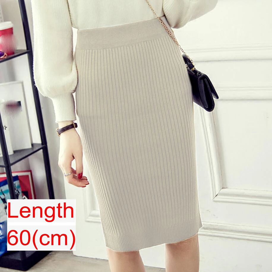 Beige 60cm Вязанные женские юбки с высокой талией, весна, модная длинная Плиссированная юбка с поясом, повседневная женская черная длинная юбка - Цвет: Beige 60cm