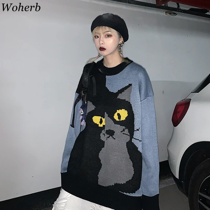 

Woherb Autumn Winter Harajuku Knitting Sweater Women Casual Cartoon Cat Printed Contrast Color Jumper Loose Pullovers Pull Femme