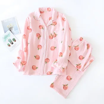 

Long-sleeved Thin Pigiama Sleepwear Washed Crepe Cotton Double-layer Gauze Loose and Comfortable Pajamas Set Pizhaya Women