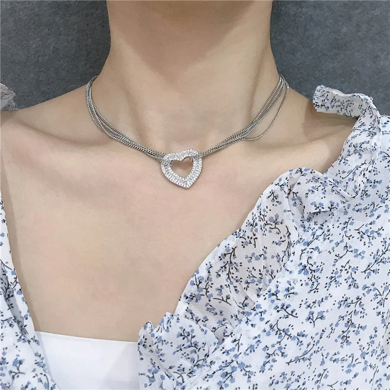 

Ожерелье женское многослойное из серебра 925 пробы с кулоном в виде сердца из циркония