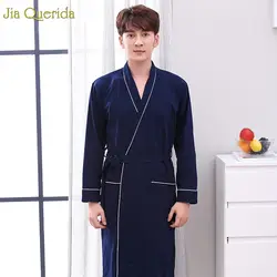 Халат мужской пижамы нижнее белье 100% хлопок вязаный пояс v-образный вырез карман сплошной темно-синий длинный рукав элегантное кимоно