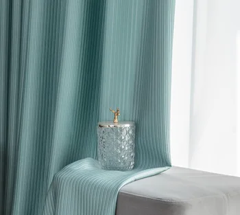 

Light Luxury Style Pearly Lustre Silk-like Silk Fabrics Striped Blackout Fresh Blue Green Curtains for Living Room Bedroom