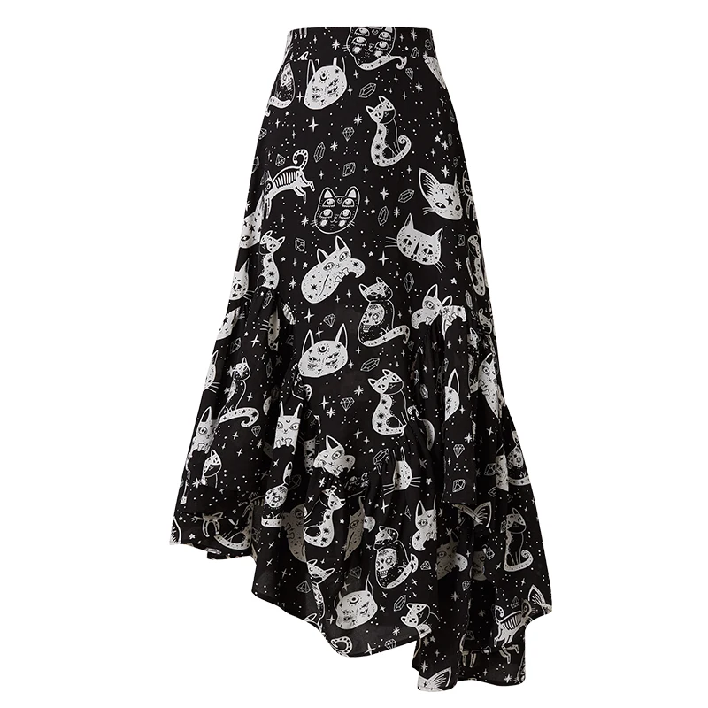 ARTKA 2019 Autumn New Women Skirt Fashion Cat Print Skirt Irregularly Design Chiffon Skirts Elegant Ruffled Skirt Women QA15297Q