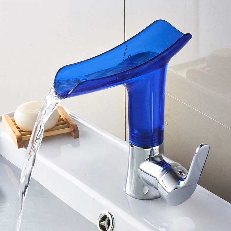 Смеситель для ванной комнаты с цветным носиком, смеситель для умывальника на бортике, смеситель для холодной и горячей воды, современный кран для раковины с вращением на 360 градусов - Цвет: Blue