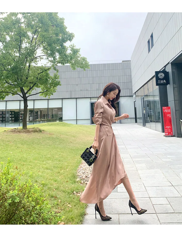 JSXDHK High Quality New Arrival Shirt Long Dress Elegant Fall Women Pink Turn Down Collar Lace Up Fashion Split Office OL Dress