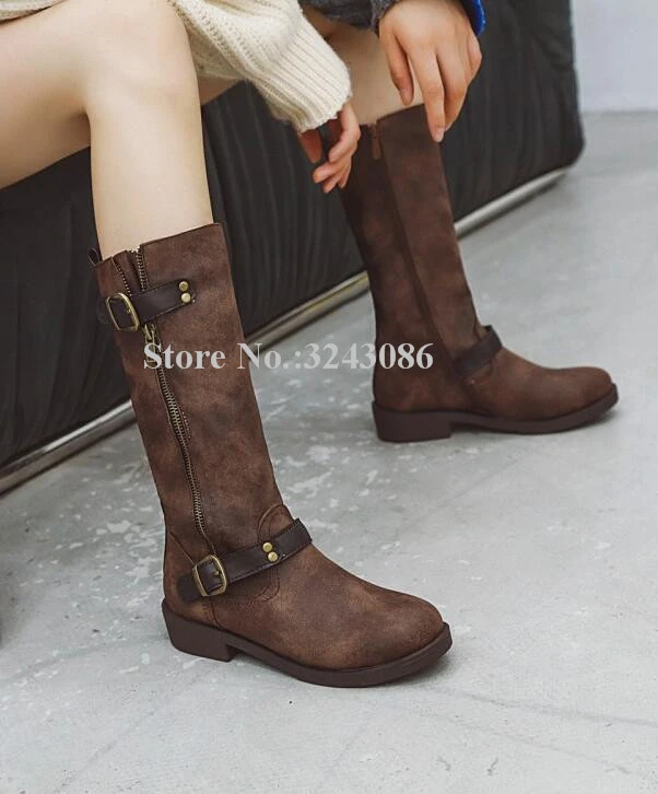 Botas planas clásicas para mujer, botines de media caña con redonda, hebilla y decoración con cremallera, estilo urbano Popular, color marrón|Botas a media pantorrilla| - AliExpress