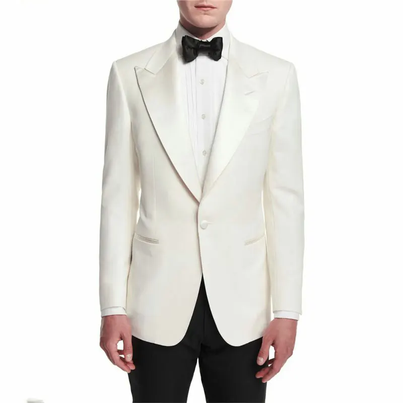 Men Suits Ivory Peaked Lapel Wedding Custom Made Bridegroom Grooms Tuxedo Slim Fit Formal Prom Party Blazer (Jacket+Pants) | Мужская