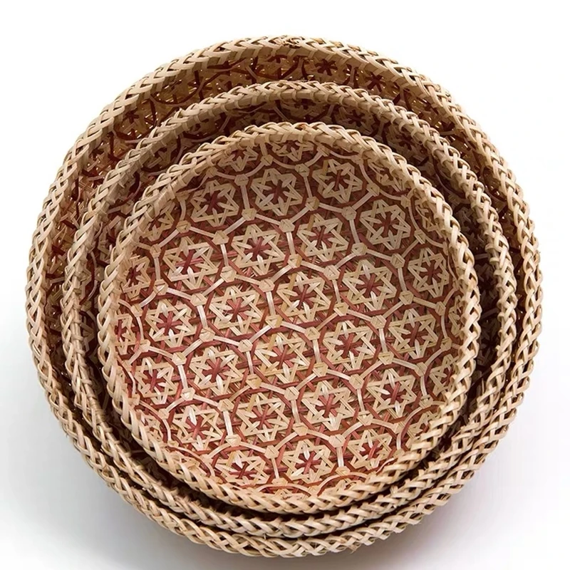 Storage basket kitchen household fruit snacks dry fruit storage tray handmade bamboo woven retro Chinese style home furnishings