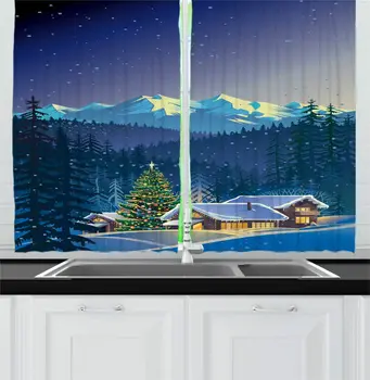 

Ice Blue Kitchen Curtains Christmas Winter Landscape of Warm Little Houses and Big Noel Tree with Mountains Window Drapes