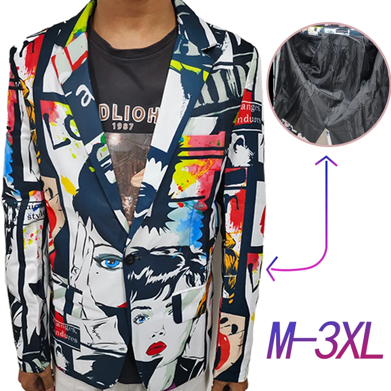 Mens Blazer Fashion Print Design Size Hip Casual Slim Fit Suit Jacket Singer Costume