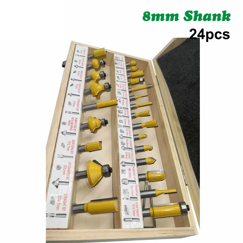 24PC/Set 8MM Shank Milling Cutter Wood Carving Woodworking Router Bits Set Wood Flush Straight Chamfer Trimming Engraving Tool