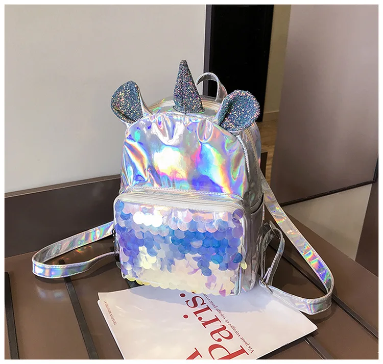 Модная блестящая Голограмма лазерная лакированная ПУ мультфильм Русалка Единорог детский школьный рюкзак сумка