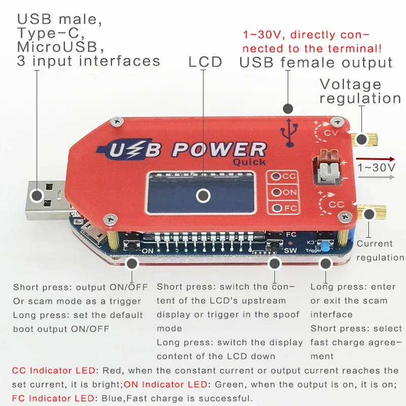 DP3A цифровой дисплей USB регулируемый силовой модуль постоянного тока 1-30 в 15 Вт QC 2,0 3,0 FCP quick charge 12 В 24 В лабораторный блок питания