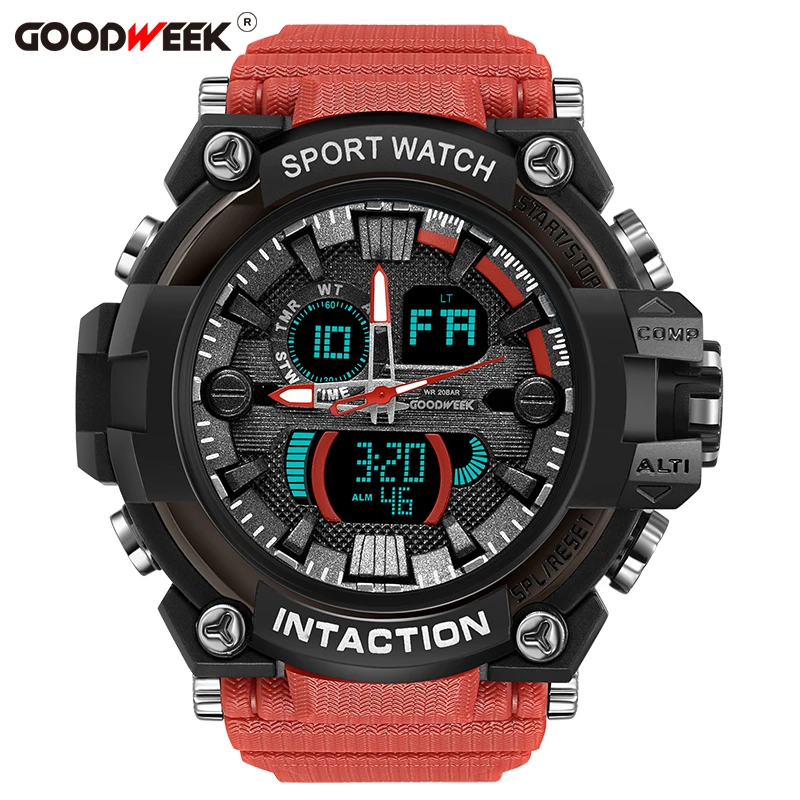 GOODWEEK Luxury Men Sport Watch Waterproof Digital Quartz Watches Men's Multi-functional Dual Display Watches Relogio Masculino - Цвет: red