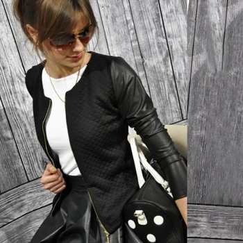 

Black White Leather Stitching Jacket for Women Plaid Full Sleeve Zipper Fly Slim Streetwear Coats New Fashion Female Outwear