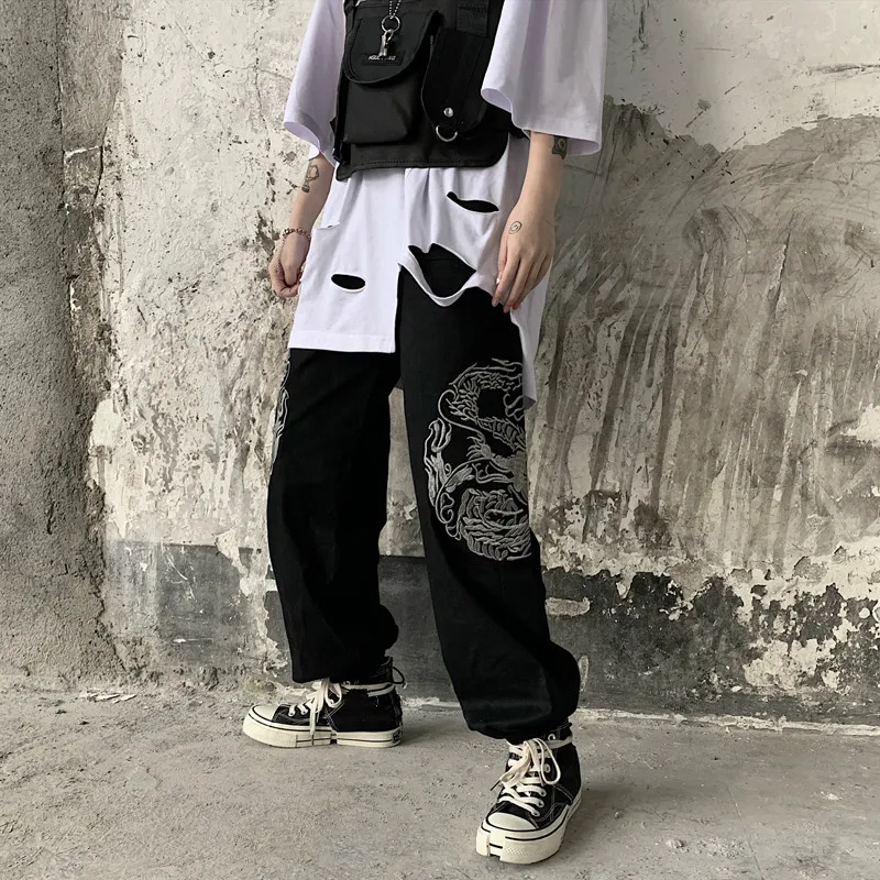 Neploe Harajuku винтажные женские брюки с вышивкой дракона повседневные штаны в стиле хип-хоп черные Панталоны уличная одежда хлопковые негабаритные штаны