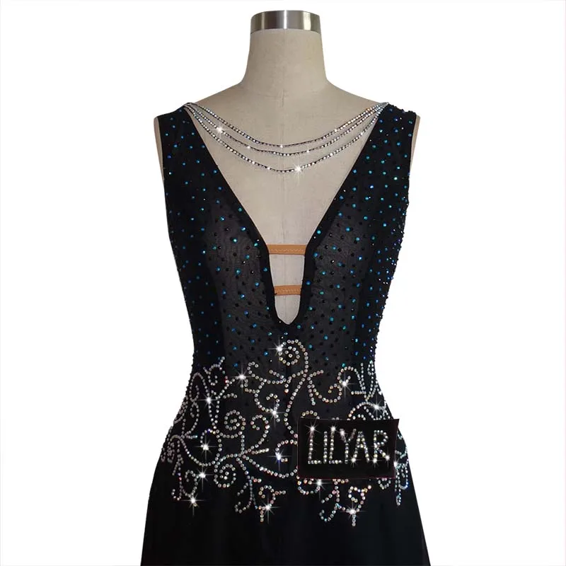 Ballroom Dance Standard Skirt Competition Costumes Performing Dress Customize Adult Kids Deep V-neck Bla