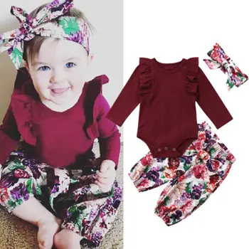 

Newborn Baby Girls Floral Printed Clothes Sets Ruffles Tops Rompers +High Waist Pants Headband Outfits Set Clothes