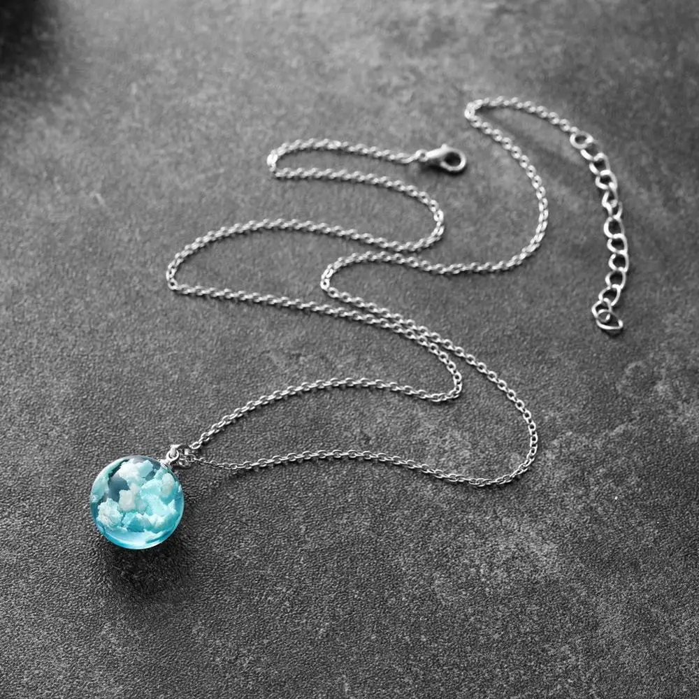 Chic Transparent Resin Rould Ball Moon Pendant Necklace Women Blue Sky White Cloud Chain Necklace Fashion Jewelry Gifts for Girls_voghion.com