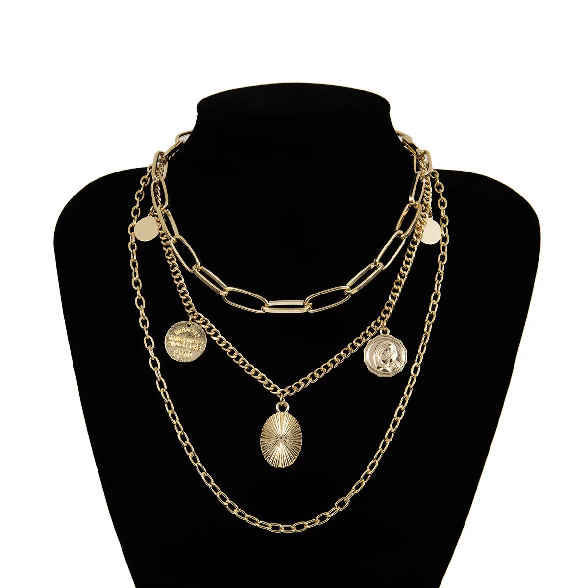 Europe And America Accessories Exaggeration Cool Geometry Lettered Necklace Retro Multilayer Coin Tassels Chain Necklace Women's