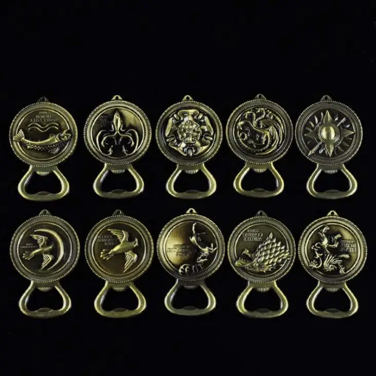 mixed type golden 20 шт./лот, модные ювелирные изделия, брелки, Игра престолов, открывалка для ключей, креативные вечерние брелки для ключей для мужчин, украшения для автомобилей - Color: mixed type golden