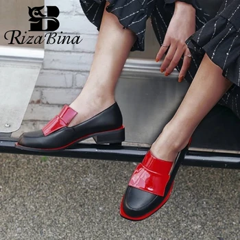

RizaBina Women Pumps Shoes Fashion Round Toe Genuine Leather Shoes Women Mature Style Slip On Office Work Footwear Size 34-39