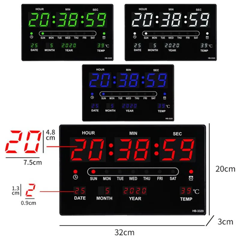 32x20x3CM Large Digital Wall Clock Alarm Hourly Chime Function Table Clock Calendar Temperature Electronic LED Clocks with Plug